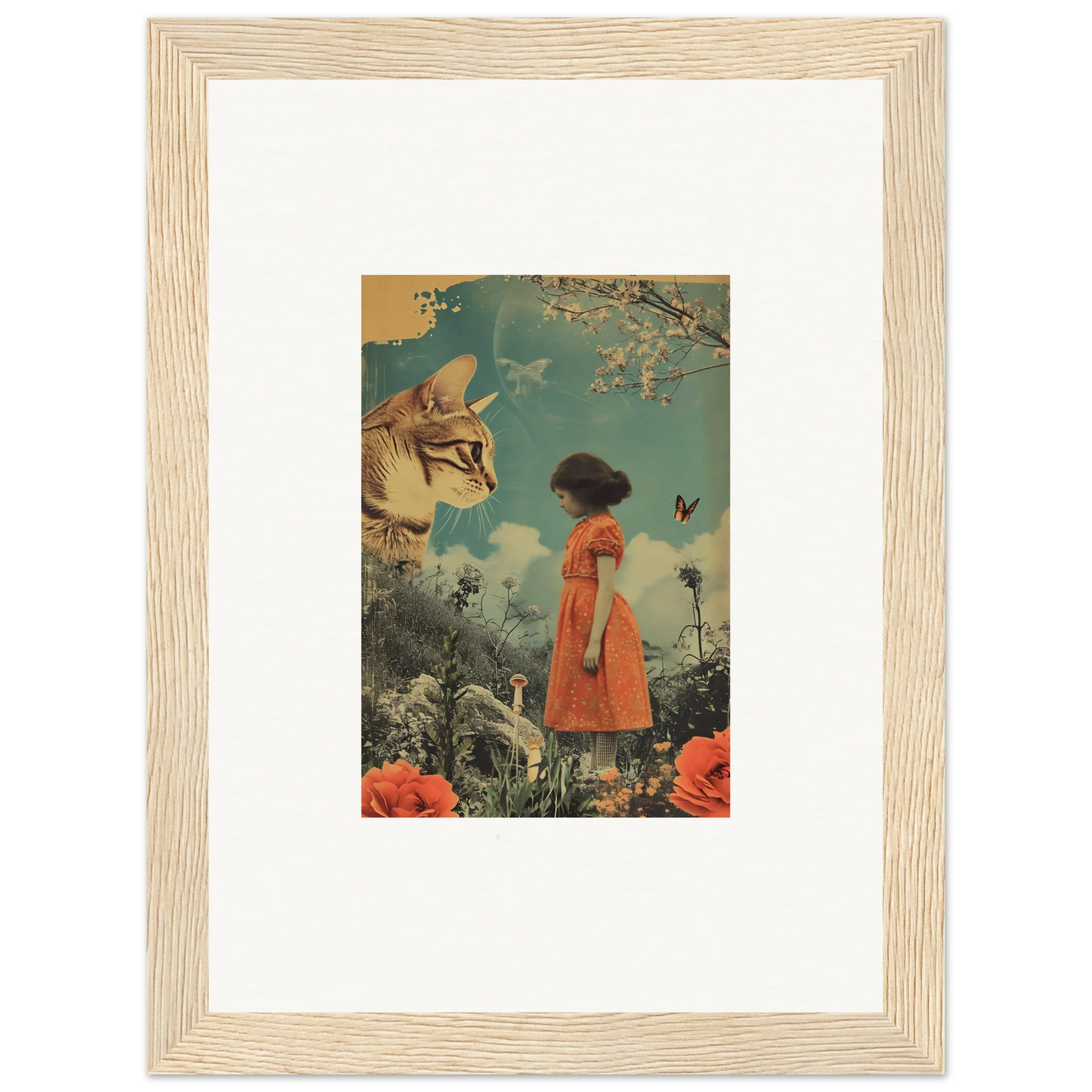 Surreal canvas print of a girl in an orange dress and giant cat head for room decoration