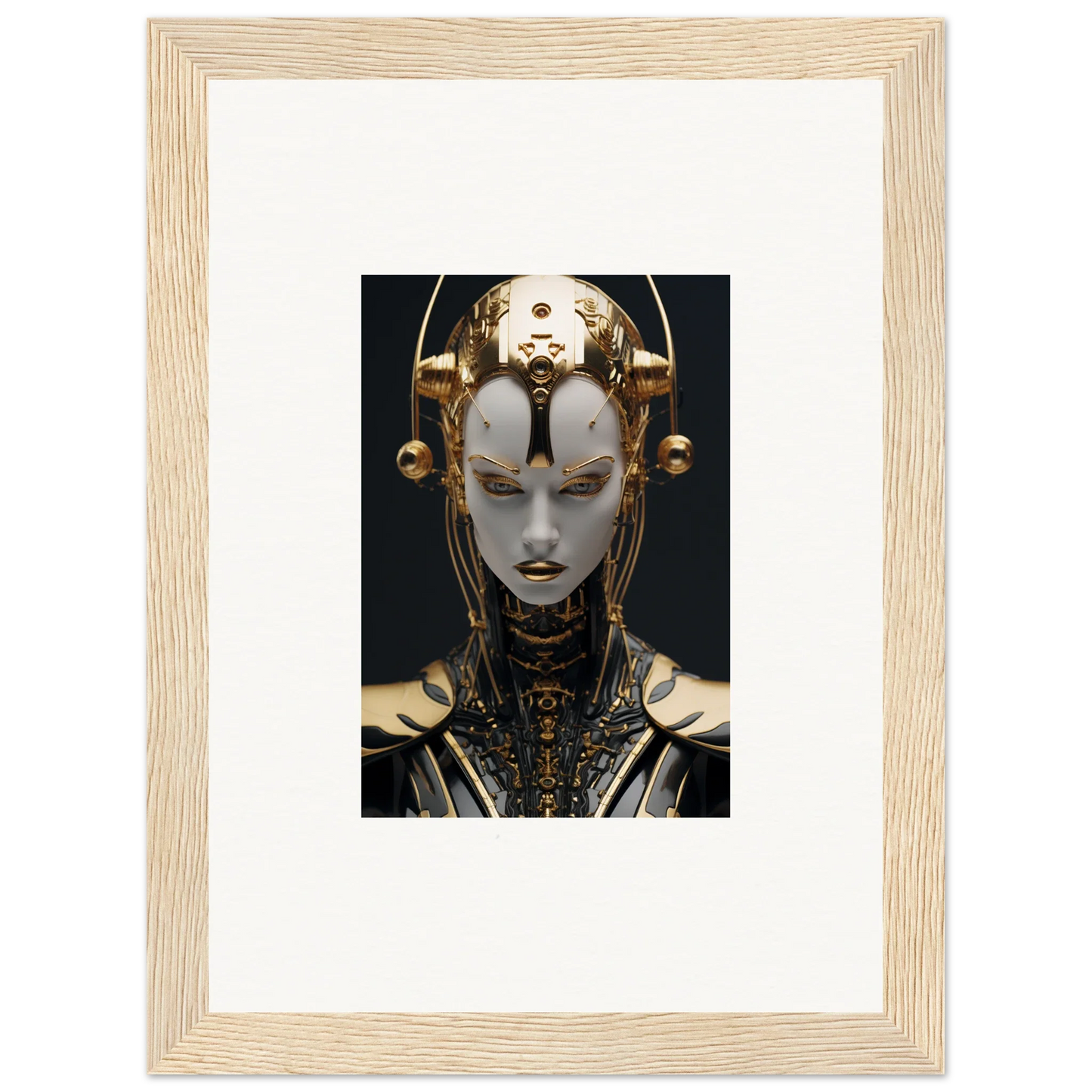 Futuristic robotic face with gold headpiece in a Kinetic Fulgrid Manifestation canvas print