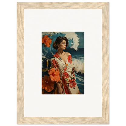 Framed canvas print of a woman in a floral robe for your Musing Cascade room decoration