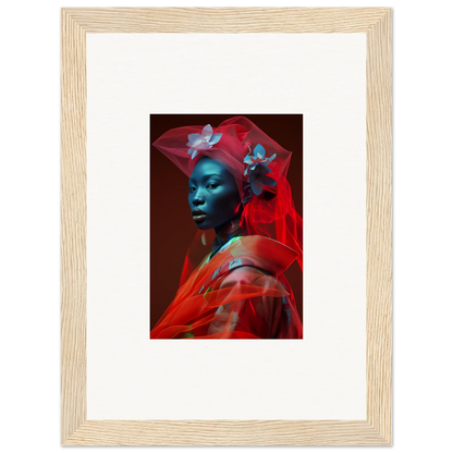 Portrait of a blue-skinned person in red attire, perfect for velvet botanicals room decoration