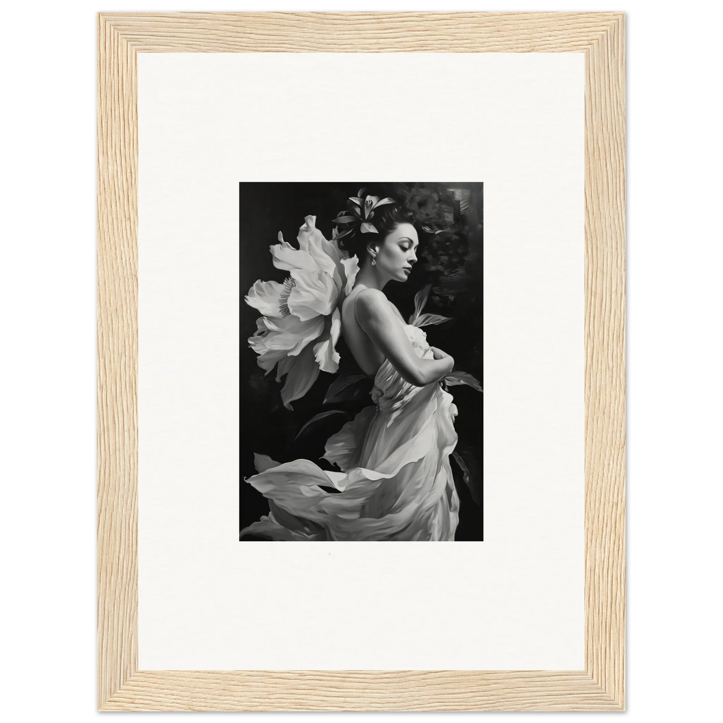 Black and white photo of a woman with a flower, perfect for Duet Chrysalis canvas print decor