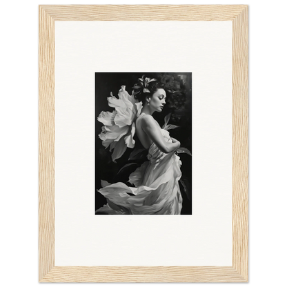 Black and white photo of a woman with a flower, perfect for Duet Chrysalis canvas print decor