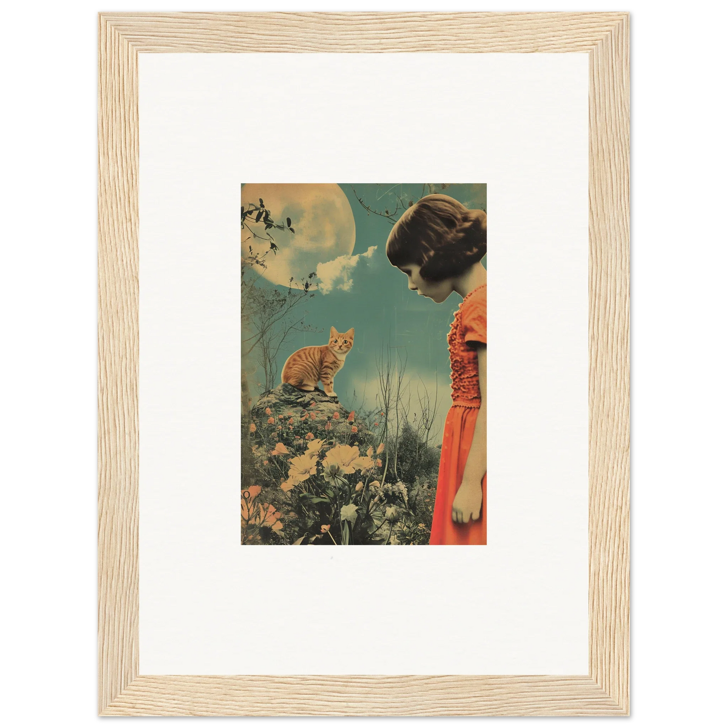 Framed canvas print of whimsy reverie with a woman in red watching a cat on a rock