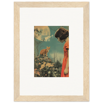 Framed canvas print of whimsy reverie with a woman in red watching a cat on a rock