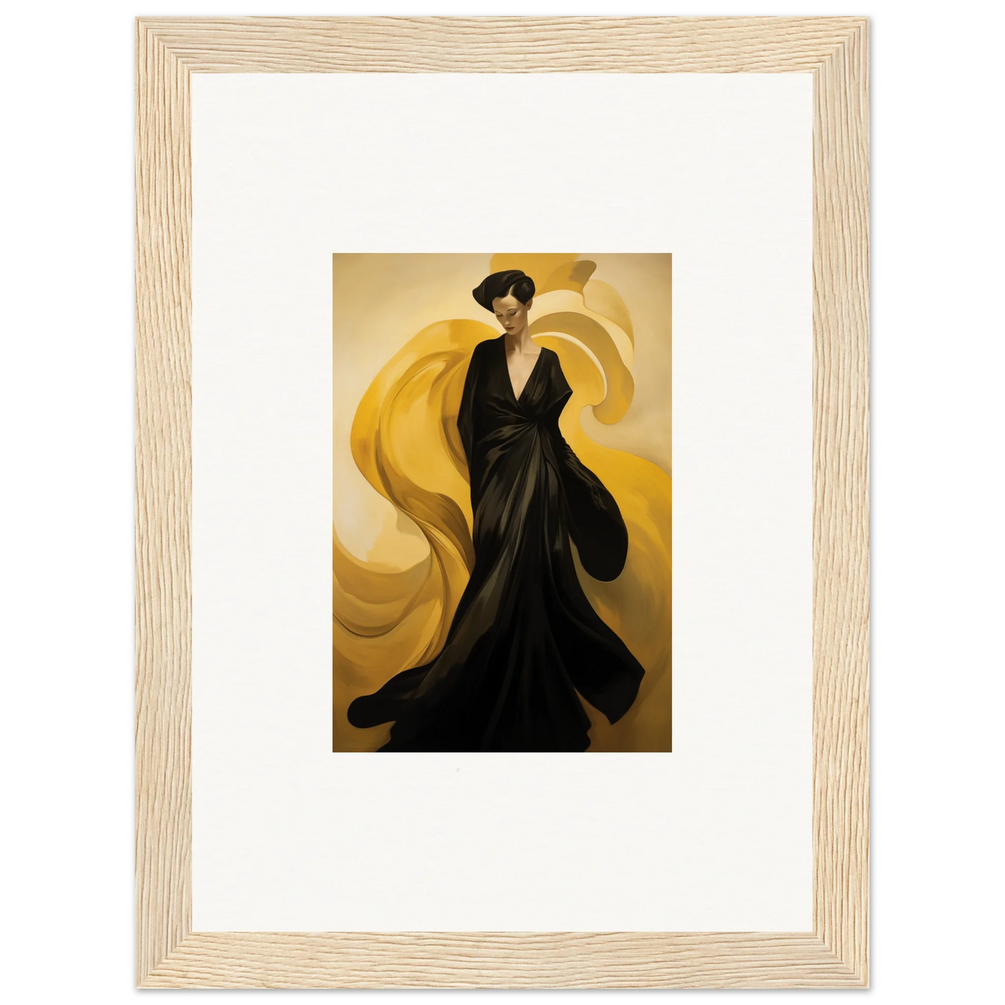 Framed canvas print of a figure in a black gown with golden sun waves background for room decoration