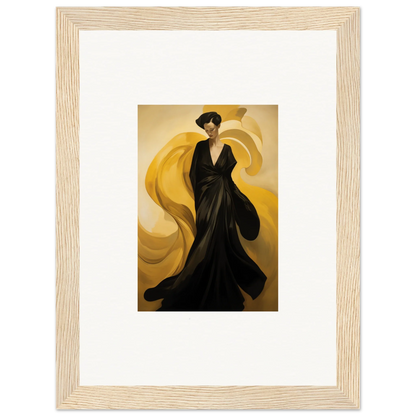 Framed canvas print of a figure in a black gown with golden sun waves background for room decoration