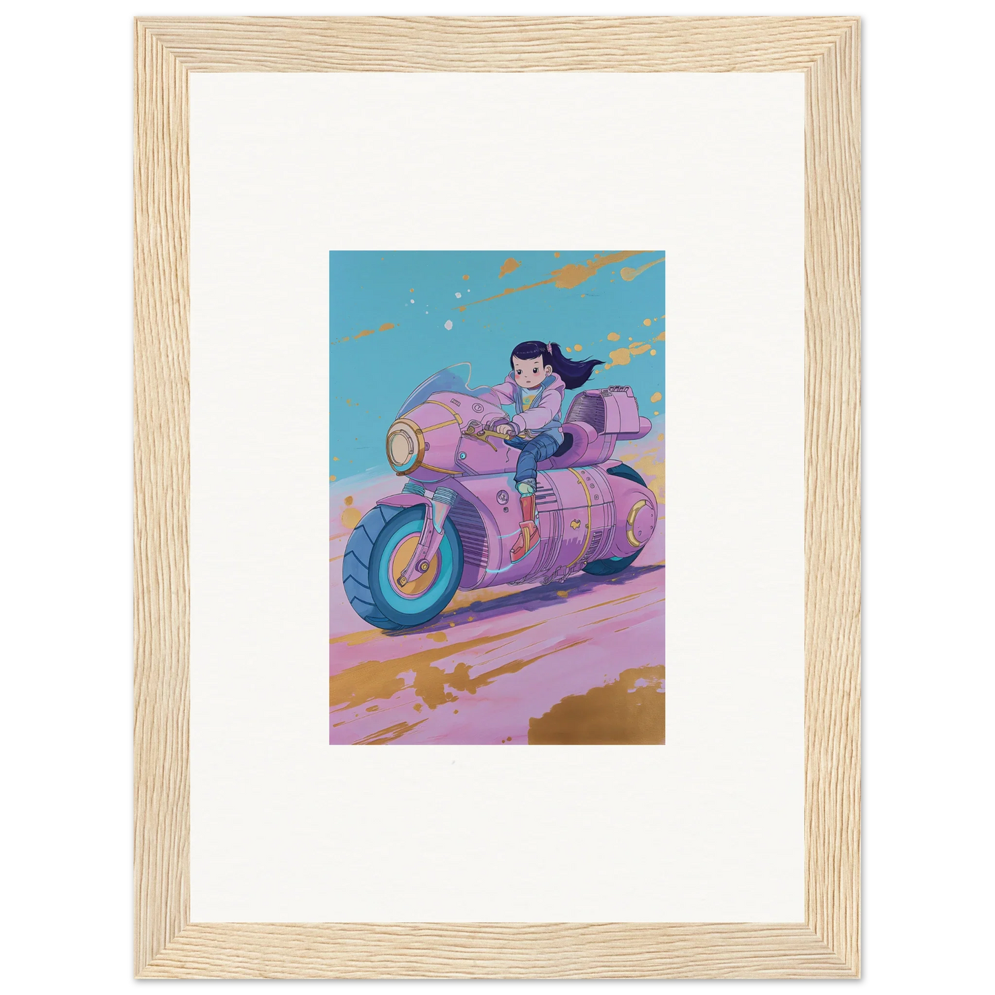 Colorful cartoon of a person on a futuristic motorcycle for Paintfall Venture canvas print