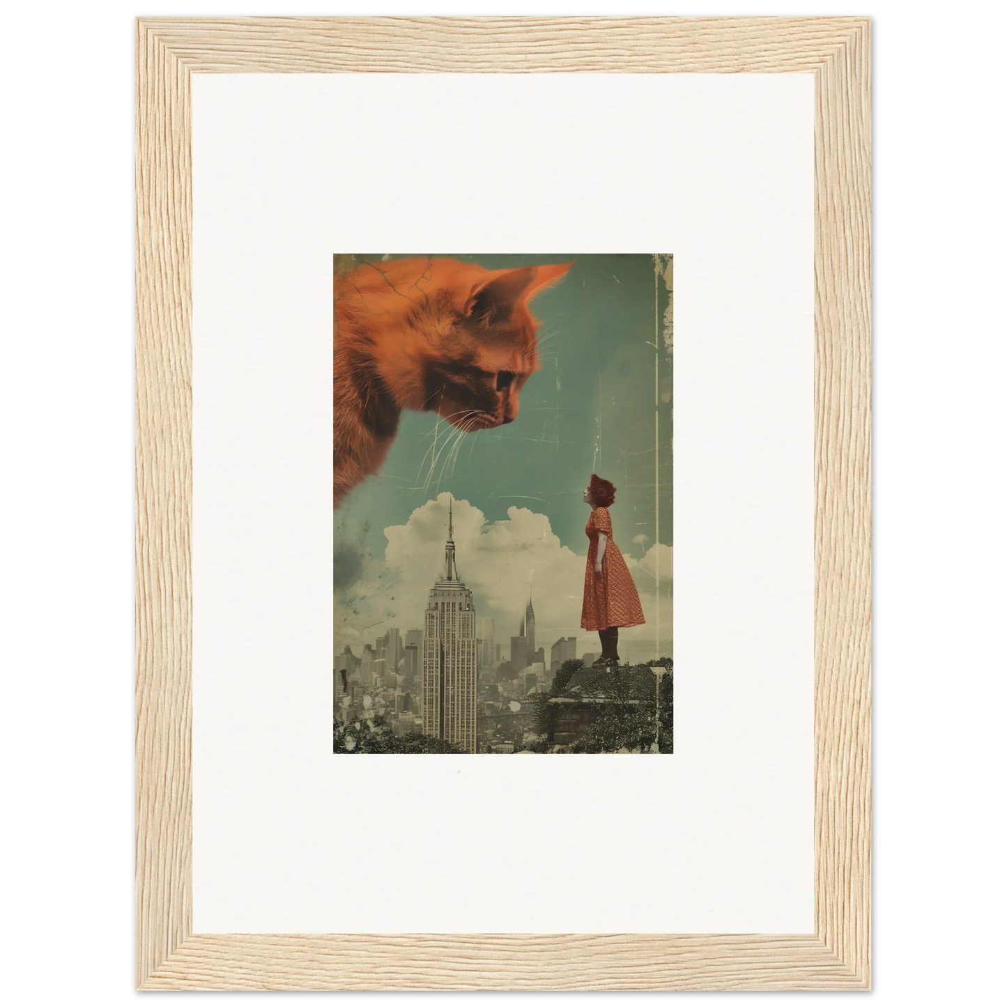 Surreal collage of a giant cat head over a cityscape, perfect for Room Decor and Framed Wall Art