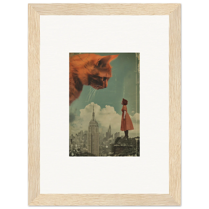 Surreal collage of a giant cat head over a cityscape, perfect for Room Decor and Framed Wall Art