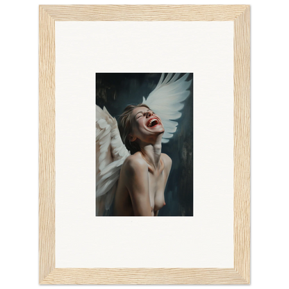 Framed canvas print of a person laughing with wing-like decor for unique room decoration