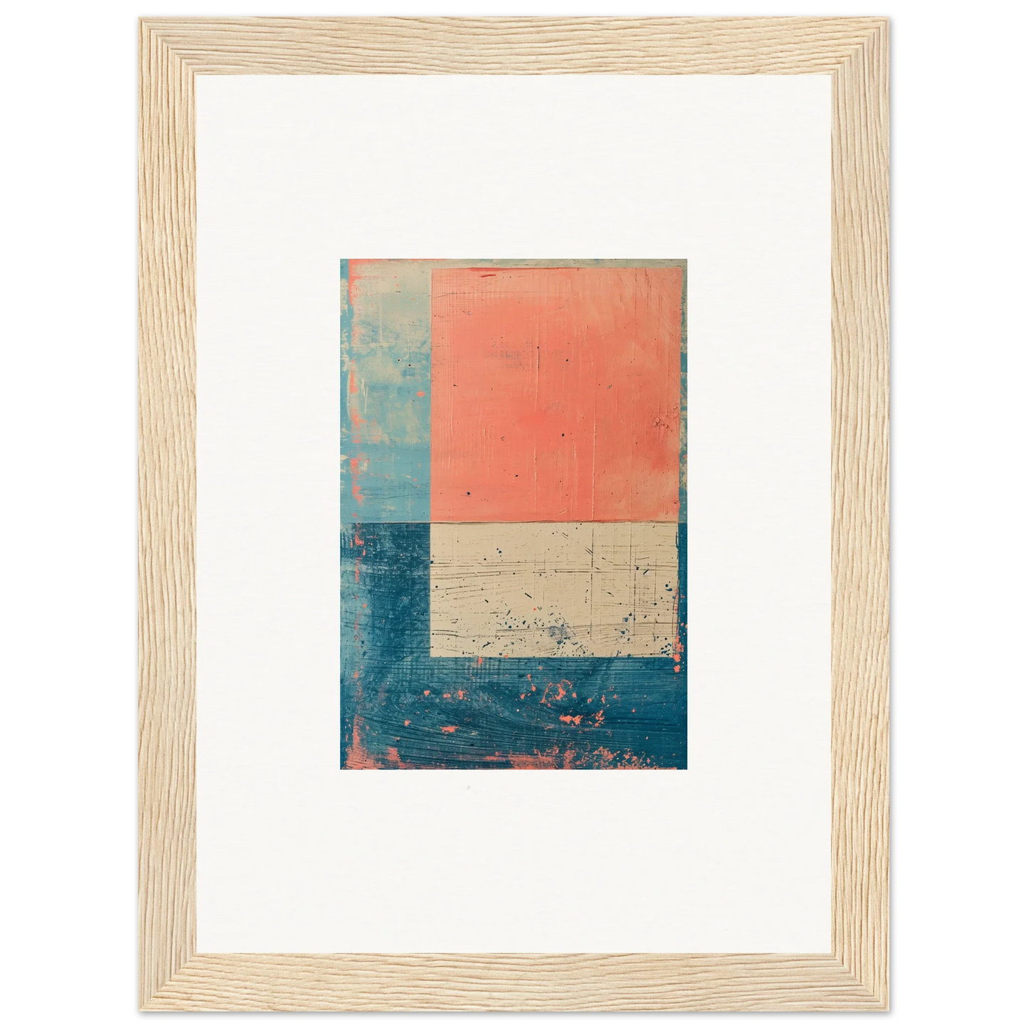 Framed canvas print of Palette Whispers with coral, blue, and beige geometrics