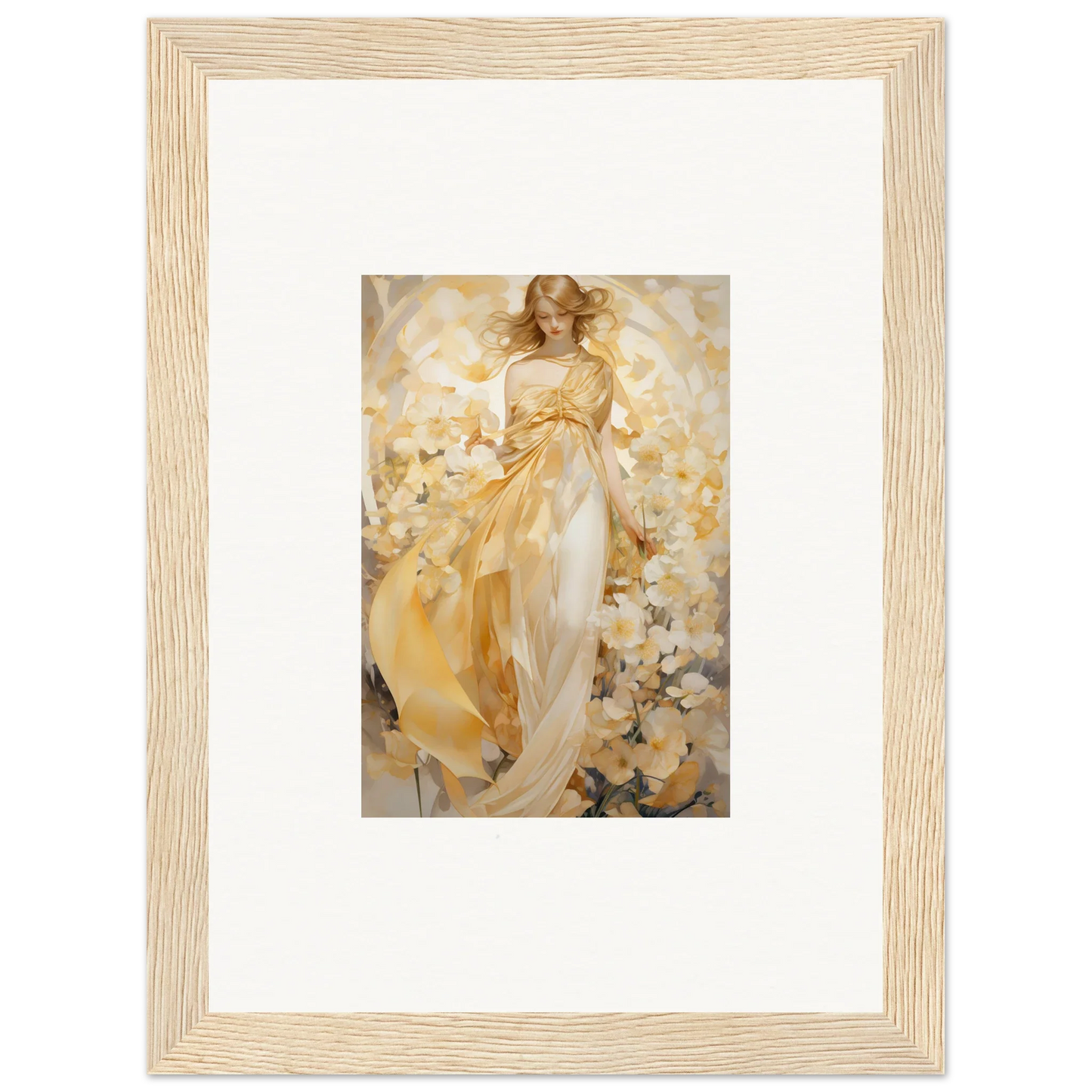 Framed Canvas Print of a Woman in Flowing Golden Dress for Ethereal Tango Room Decoration