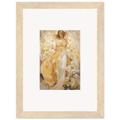 Framed Canvas Print of a Woman in Flowing Golden Dress for Ethereal Tango Room Decoration