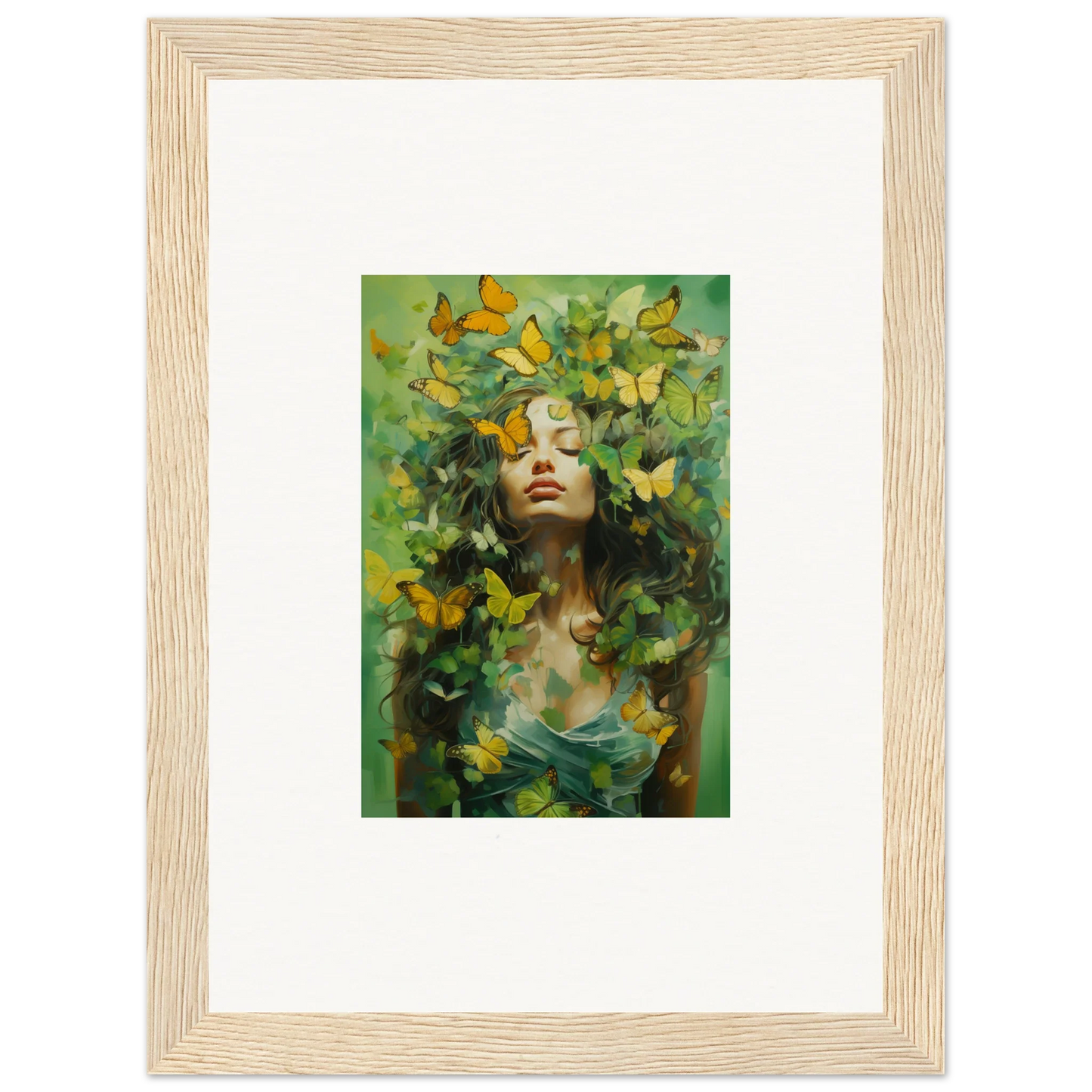 Framed canvas print of a woman amid yellow butterflies, perfect for room decoration