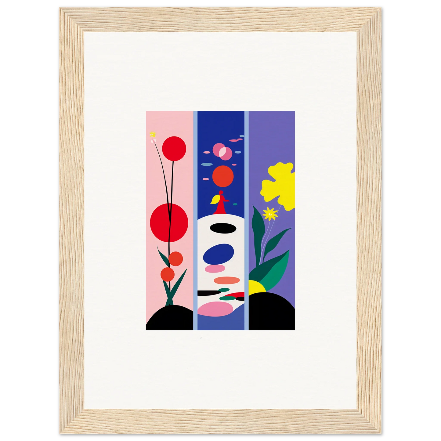 Framed canvas print of Huescape Bloom with colorful geometric shapes and florals