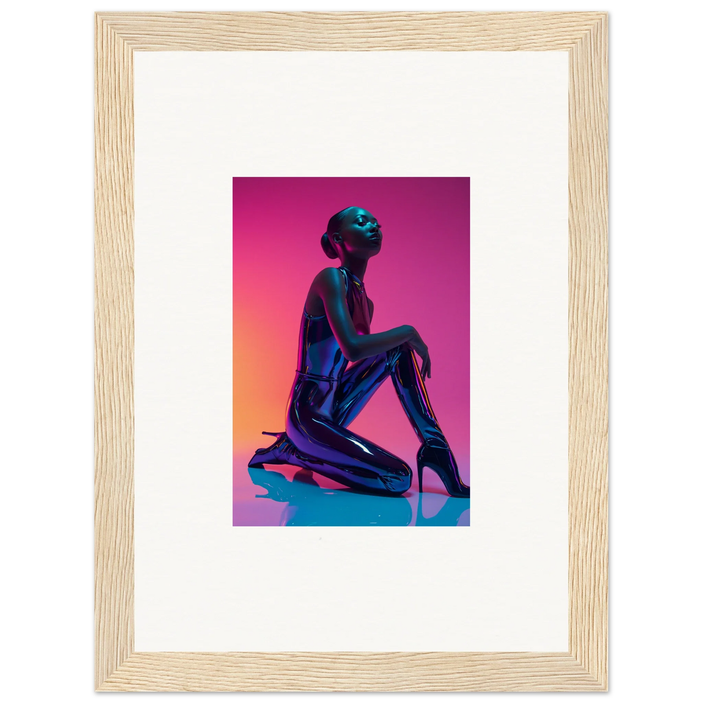 Stylized metallic human figure in a seated pose for Neon Vortex room decoration canvas print