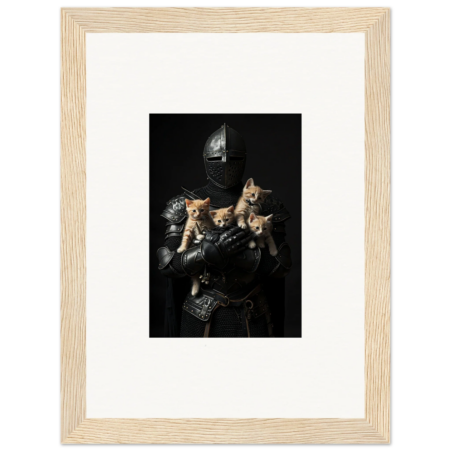 Medieval knight’s armor cradling three kittens, perfect for your Feline Bashhut canvas print