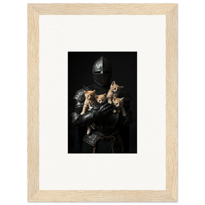 Medieval knight’s armor cradling three kittens, perfect for your Feline Bashhut canvas print