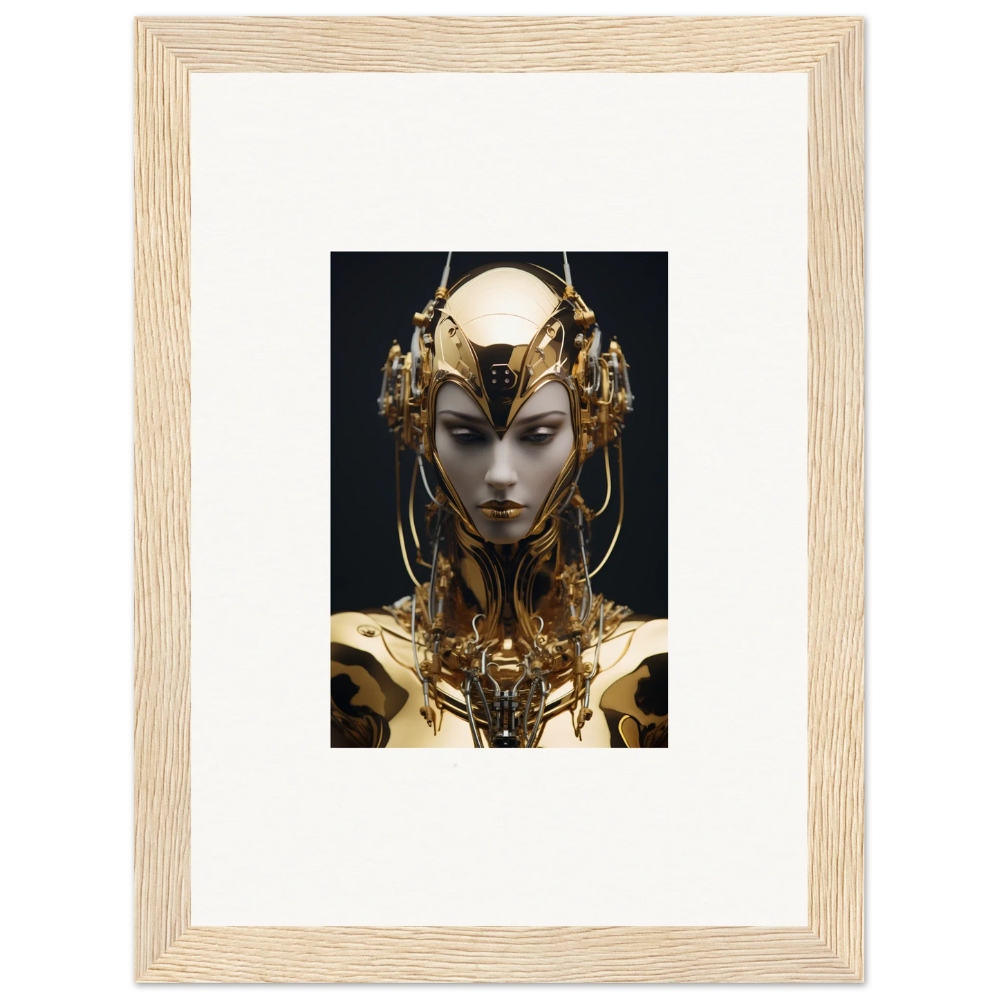 Futuristic golden robotic humanoid figure with ornate headpiece for stylish room decoration