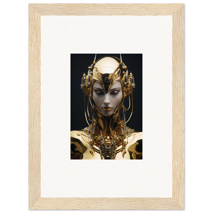 Futuristic golden robotic humanoid figure with ornate headpiece for stylish room decoration