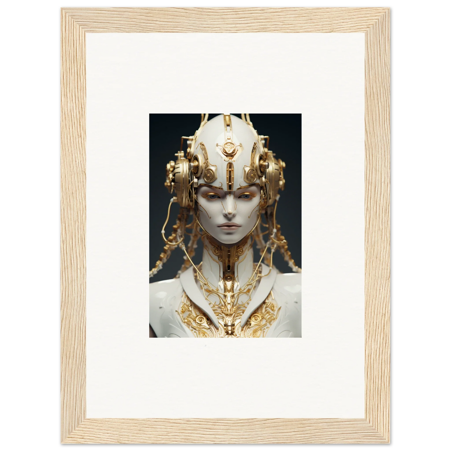 Ornate golden headdress and jewelry on a pale figure for a stunning canvas print, Flux Radiance