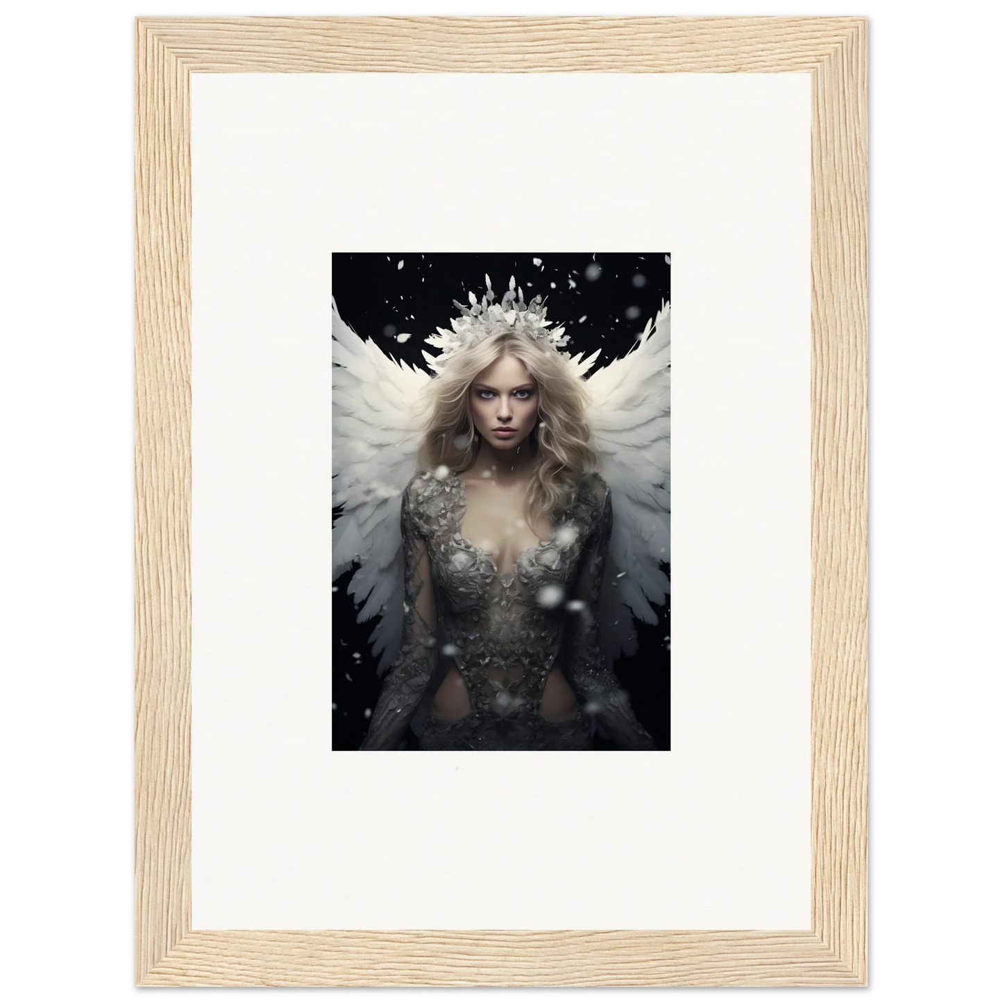 Framed canvas print of a feathery specter with a crown for unique room decoration