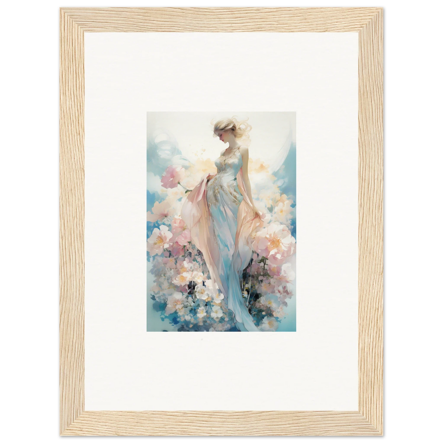 Framed watercolor of ethereal female in pastel flowers, perfect for dreaming effulgence room decoration