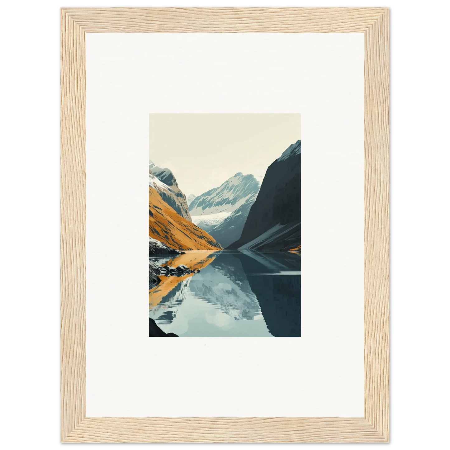 Framed photograph of a serene mountainous landscape reflecting in a lake for glacier harmony room decoration