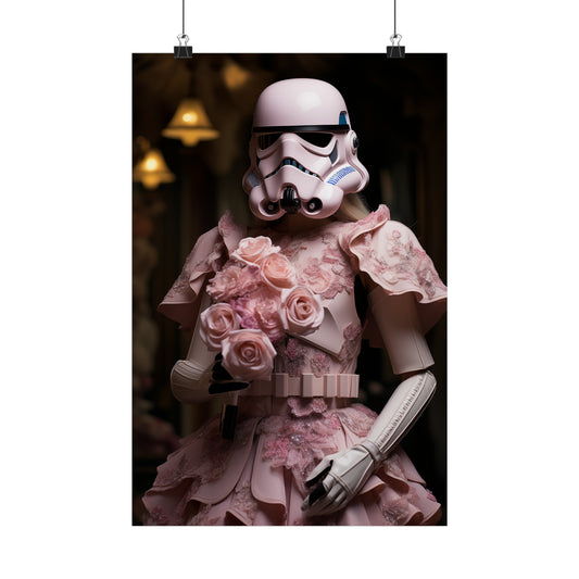 Stormtrooper wearing a pink floral dress and holding roses.