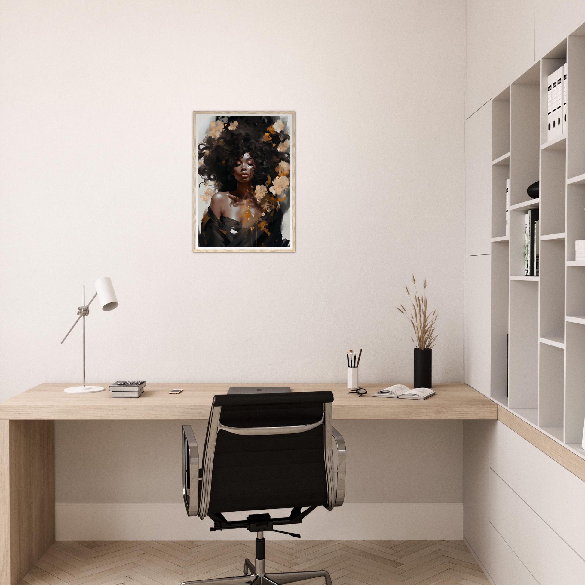 Minimalist home office workspace with a wooden desk, office chair, and wall-mounted shelving unit.