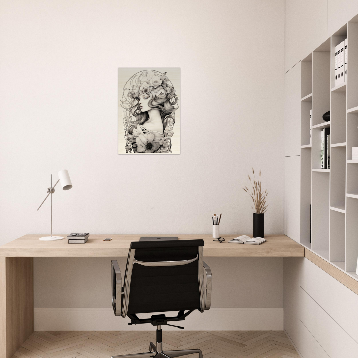 Minimalist wooden desk with a black office chair in a clean, white workspace.