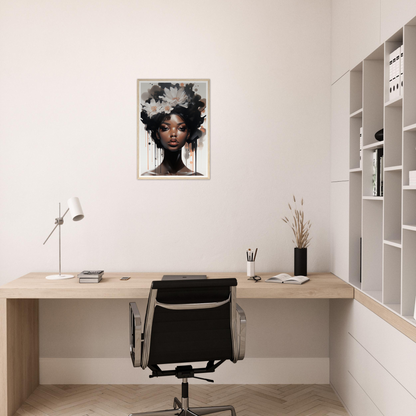 Minimalist home office workspace with a wooden desk, office chair, and striking portrait artwork on the wall.