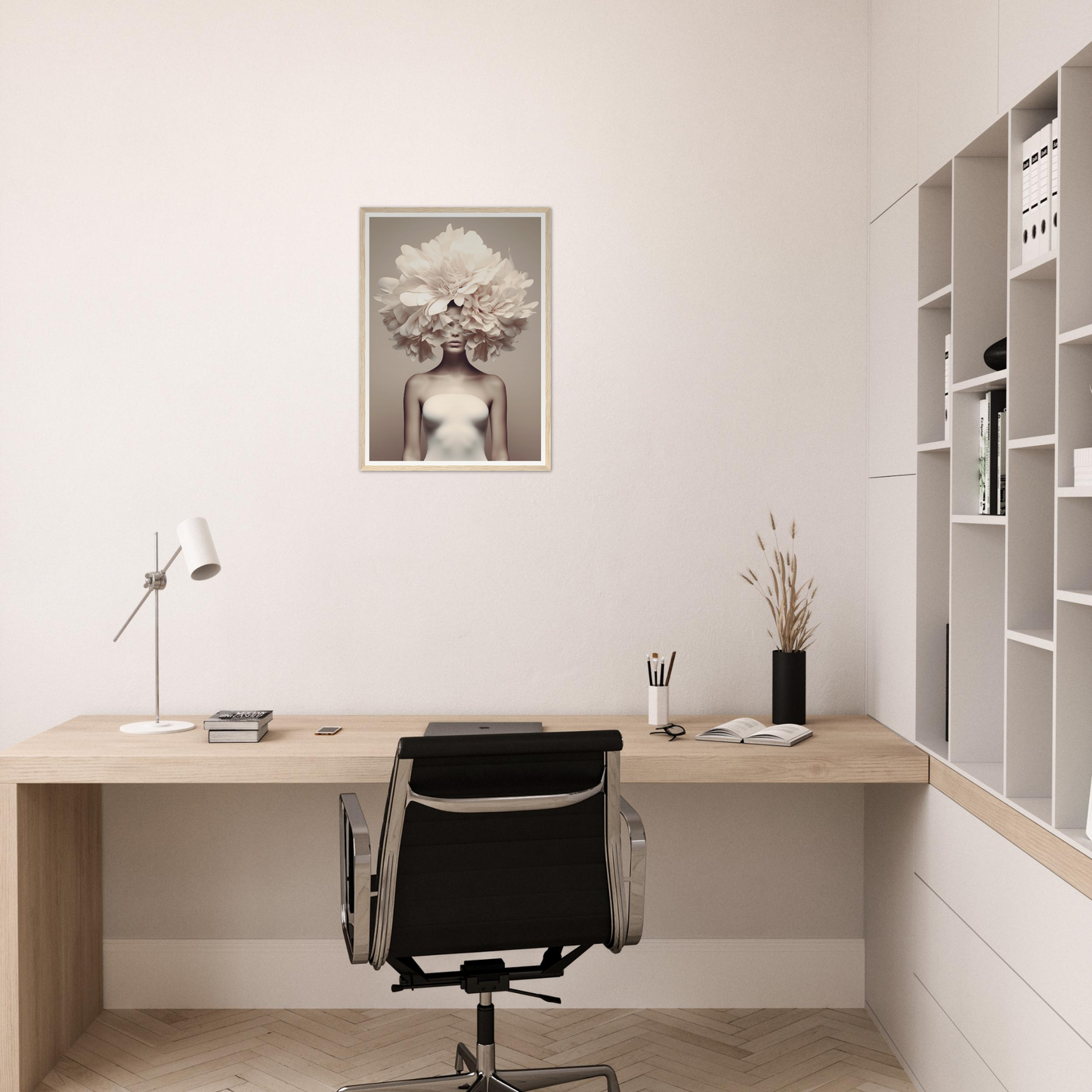 Minimalist home office workspace with a wooden desk, office chair, and wall-mounted shelving.