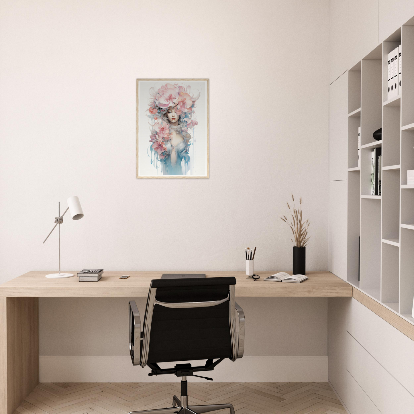 Minimalist home office workspace with a wooden desk, black office chair, and floral artwork on the wall.