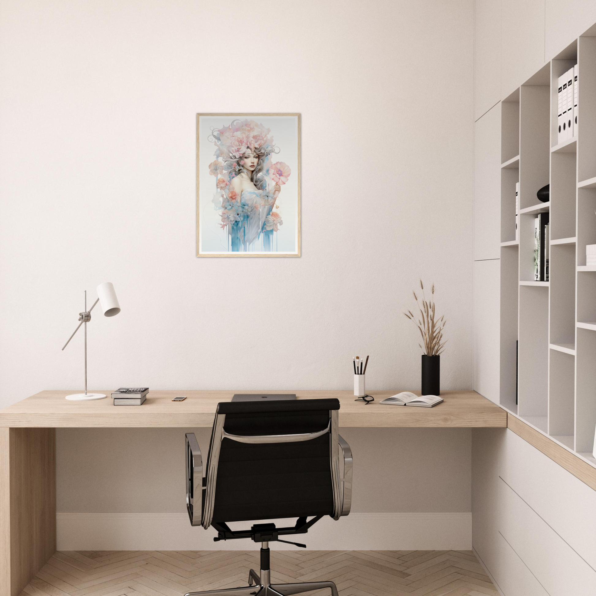 Minimalist home office workspace with a wooden desk, black office chair, and wall-mounted shelving unit.