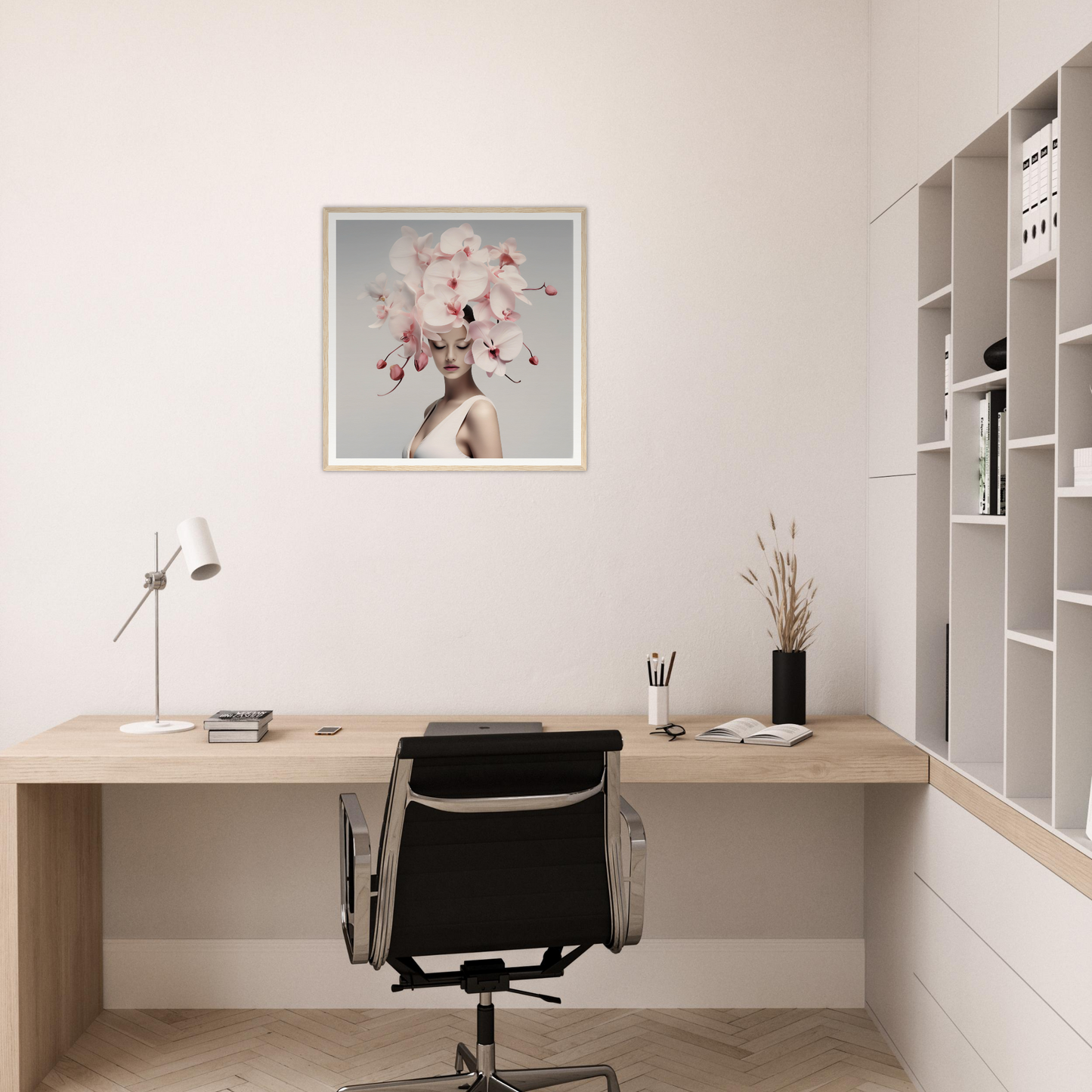 Minimalist home office workspace with a wooden desk, black office chair, and framed floral artwork on the wall.