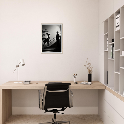 Minimalist home office workspace with a wooden desk, black office chair, and framed artwork on the wall.