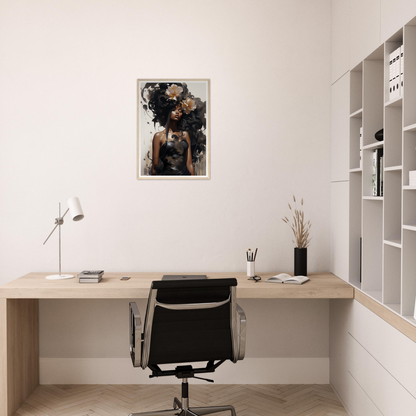 Minimalist home office workspace with a wooden desk, office chair, and framed artwork on the wall.