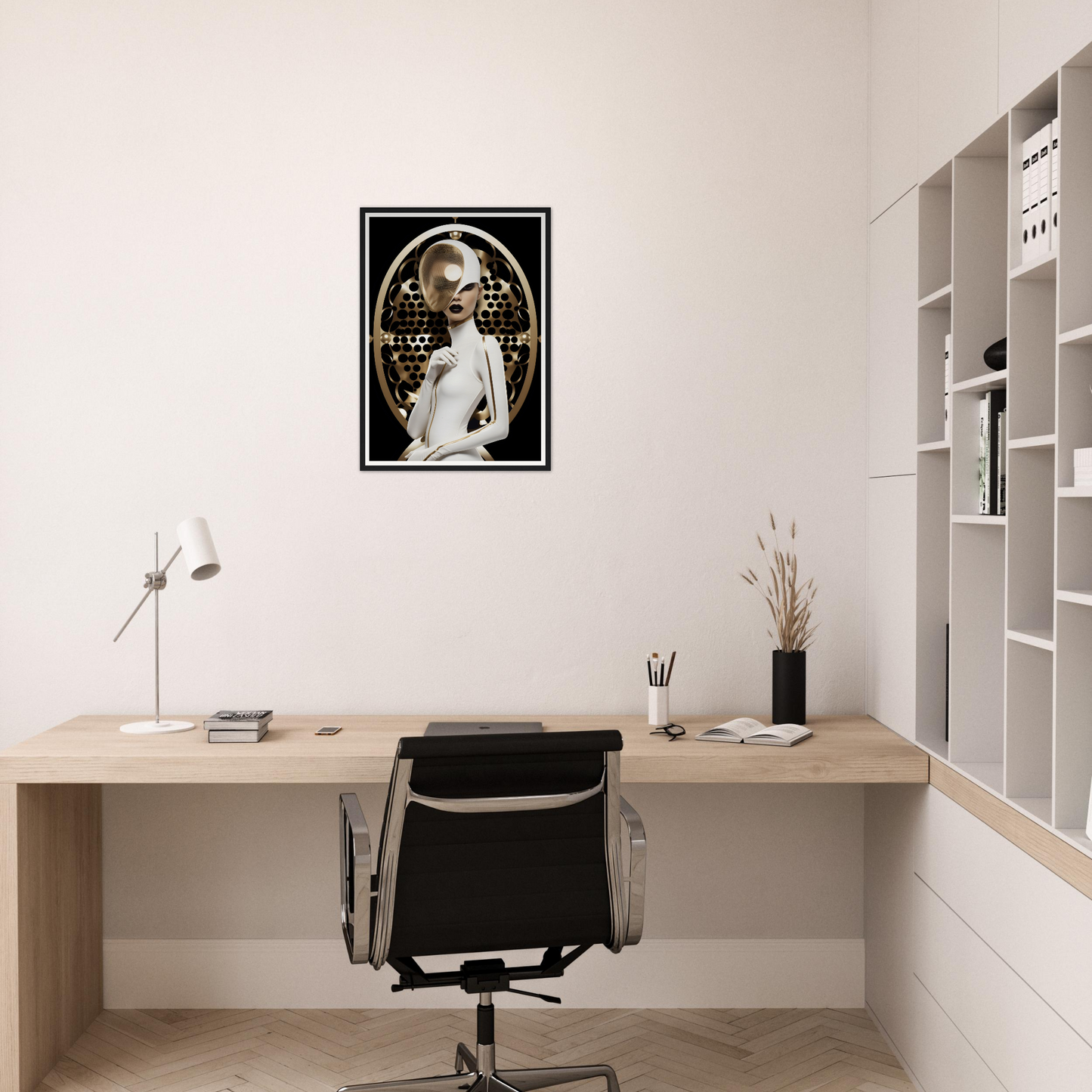 Minimalist home office workspace with a wooden desk, office chair, and framed artwork on the wall.