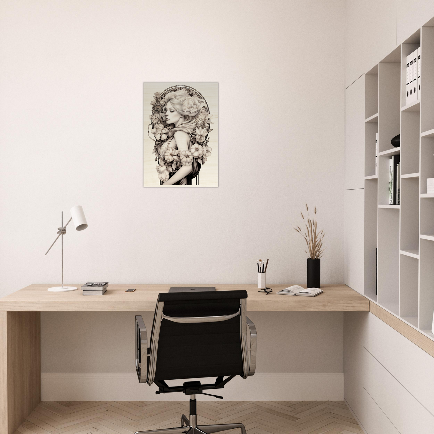 Minimalist home office workspace with a wooden desk, black office chair, and artistic wall print.