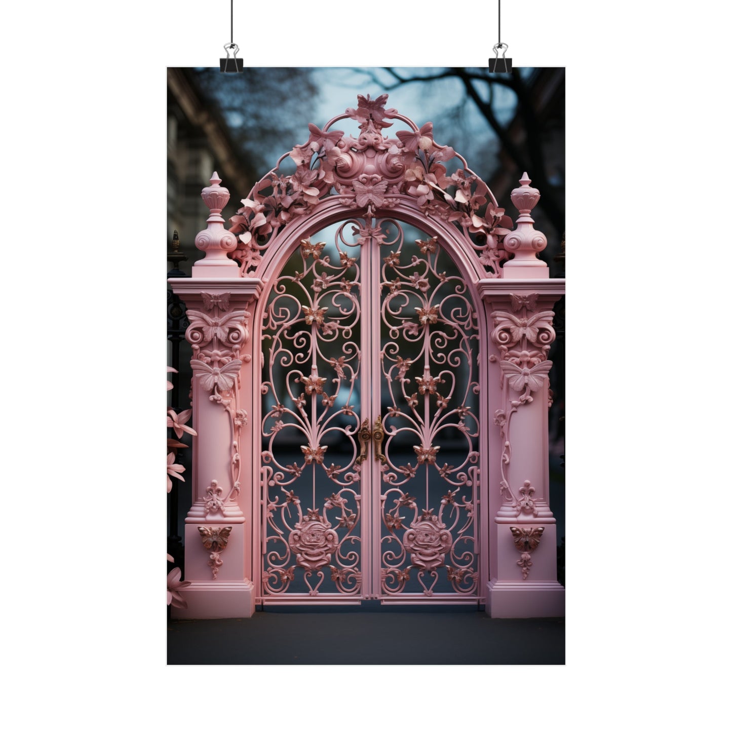 Ornate pink gate with intricate metalwork and decorative floral designs.