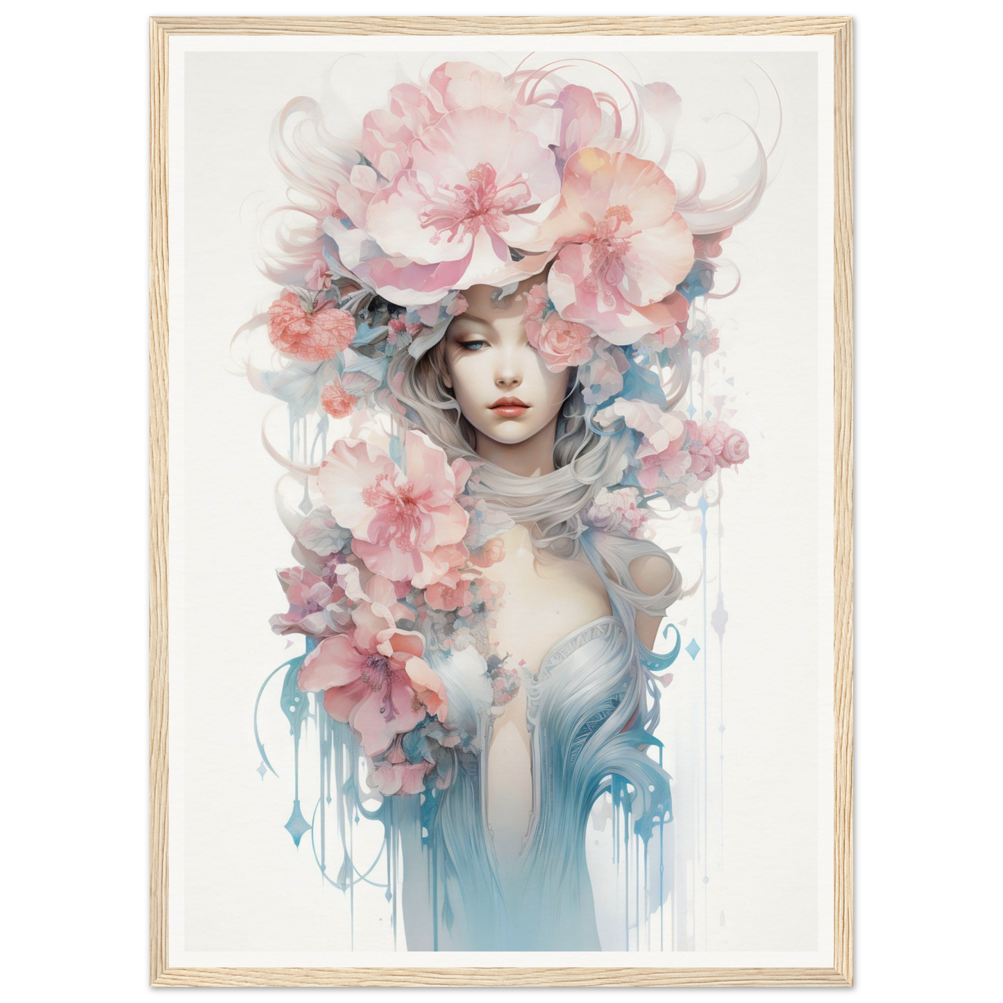 Ethereal watercolor-style portrait of a woman adorned with delicate pink and blue flowers.