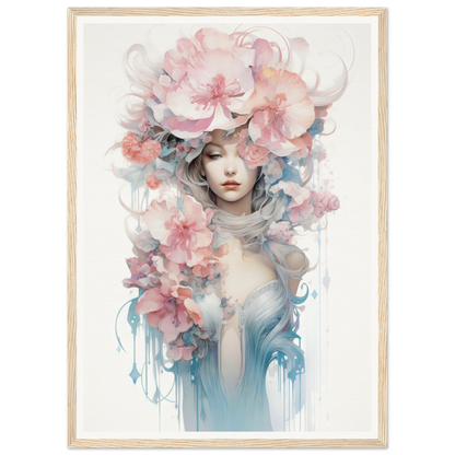 Ethereal watercolor-style portrait of a woman adorned with delicate pink and blue flowers.