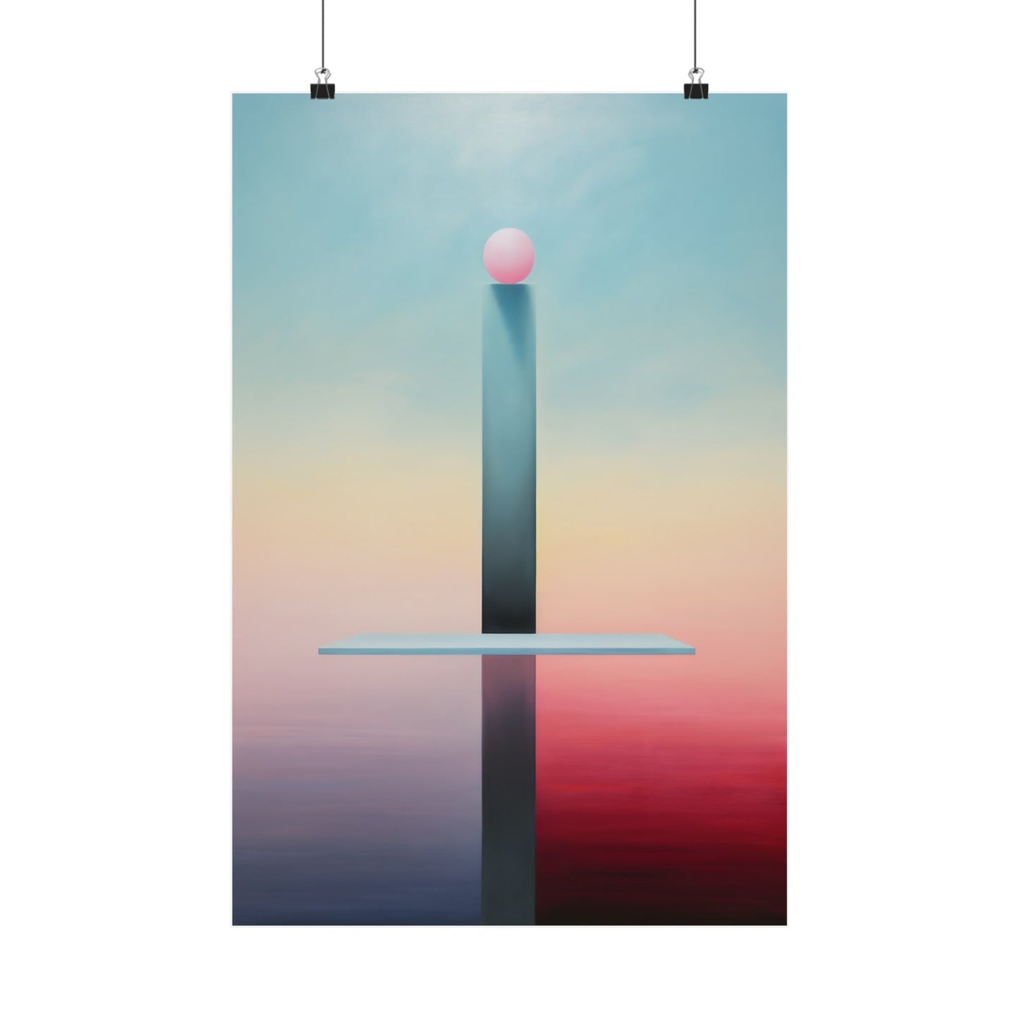 Minimalist abstract sculpture with a vertical column, horizontal bar, and pink sphere on top.