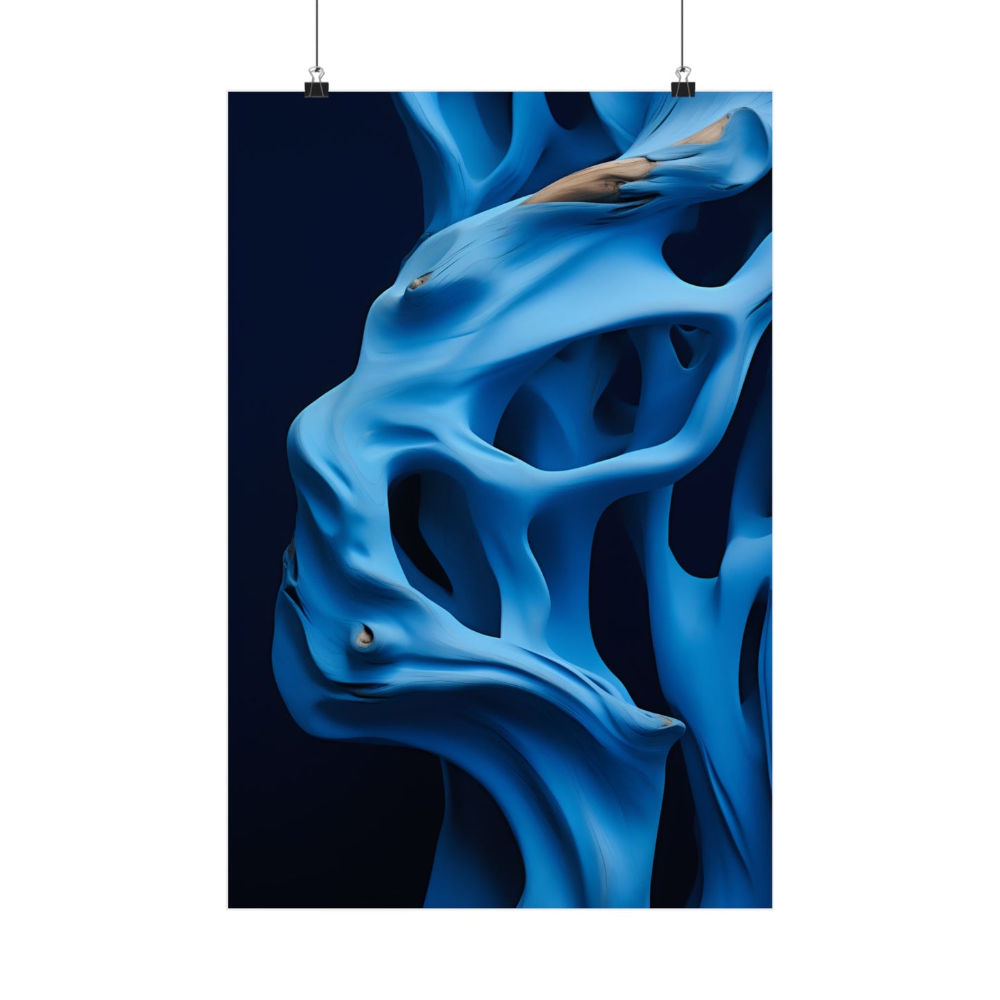 Abstract blue fluid-like form with smooth, undulating curves and hollows resembling organic shapes.