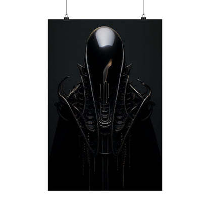 Sleek, elongated alien-like head with a reflective surface against a dark background.