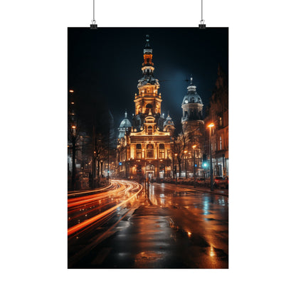 Ornate illuminated church or cathedral with domed towers at night.