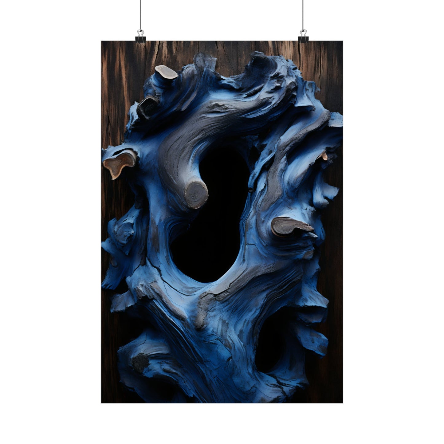 Abstract painting featuring swirling blue and white shapes resembling fluid or smoke.