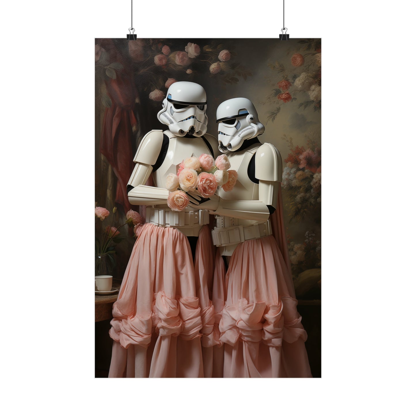 Two Stormtroopers wearing pink tulle skirts and holding a bouquet of flowers.