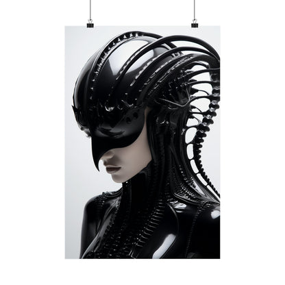 Futuristic black helmet or headpiece with intricate biomechanical-style protrusions.